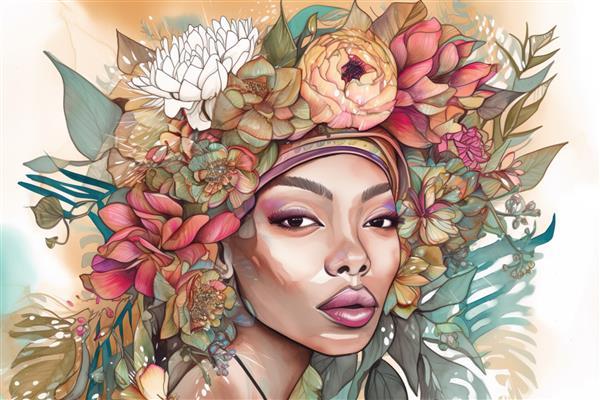 تصویرسازی زن آمریکایی آفریقایی آمریکایی زیبای قبیله ای همراه با کتاب رنگ آمیزی جلد پوستر گل