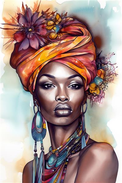تصویرسازی زن آمریکایی آفریقایی آمریکایی زیبای قبیله ای همراه با کتاب رنگ آمیزی جلد پوستر گل