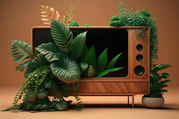 تلویزیون چوبی سازگار با محیط زیست و گیاه سبز در پس‌زمینه سبز