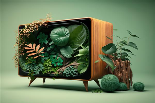 تلویزیون چوبی سازگار با محیط زیست و گیاه سبز در پس‌زمینه سبز
