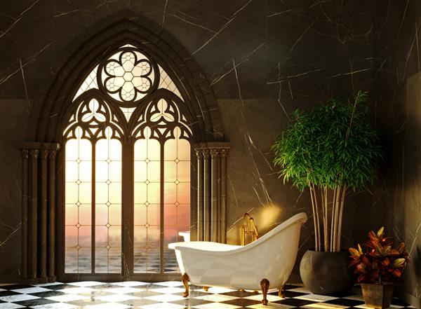 حمام سلطنتی با پنجره ای گوتیک در قلعه ای روی دریا