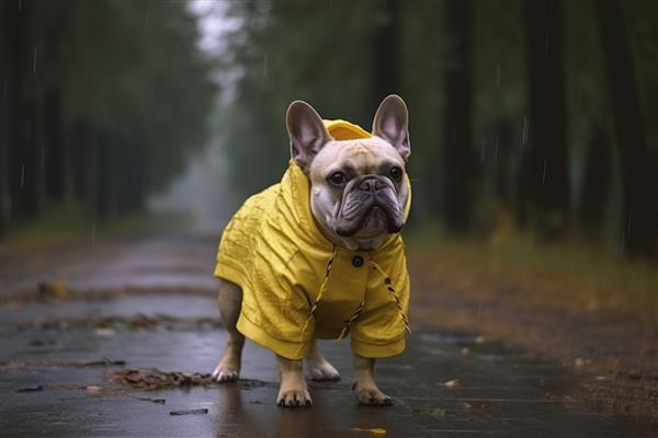 بولداگ فرانسوی در یک بارانی زرد مولد ai