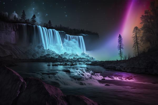 هنر دیجیتالی که آبشار نئونی را به تصویر می‌کشد که با نورهای رنگارنگ مولد aix9 روشن شده است