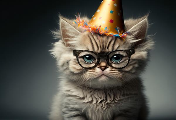 گربه بچه گربه ناز با کلاه مهمانی در جشن تولد در جشن تولد