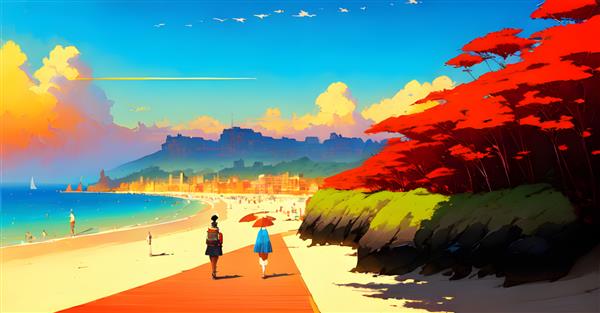 منظره ساحل اقیانوس غروب خورشید تصویر کودکان کتاب تصویرسازی مولد هنر دیجیتال فانتزی