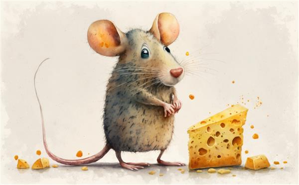 یک موش با یک تکه پنیر تصاویر آبرنگ برای بچه ها به سبک کارتونی کمک تولید شده است
