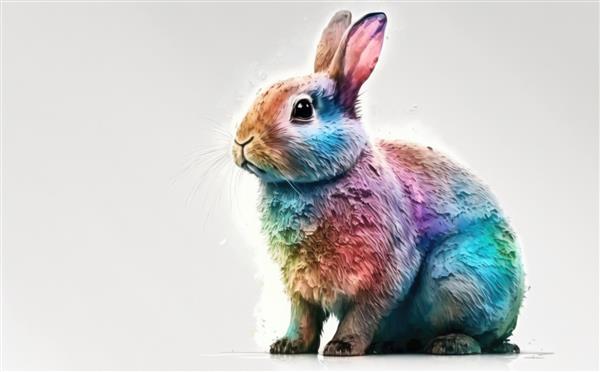 یک خرگوش روی پس زمینه سفید نشسته است تصاویر آبرنگ به سبک کارتونی کمک تولید شده است