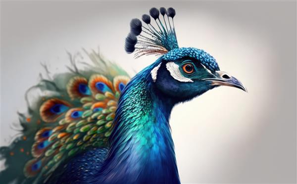 طاووس در پس زمینه سفید تصاویر آبرنگ برای بچه ها به سبک کارتونی کمک تولید شده است