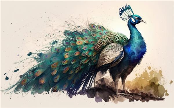 طاووس در پس زمینه سفید تصاویر آبرنگ برای بچه ها به سبک کارتونی کمک تولید شده است