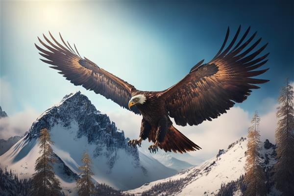 عقاب در ارتفاع بالا در تصویر جادویی فوق العاده کوهستانی پرواز می کند