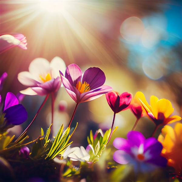 گلهای رنگارنگ زیبای بهاری و زمین چمن در یک روز آفتابی مولد او