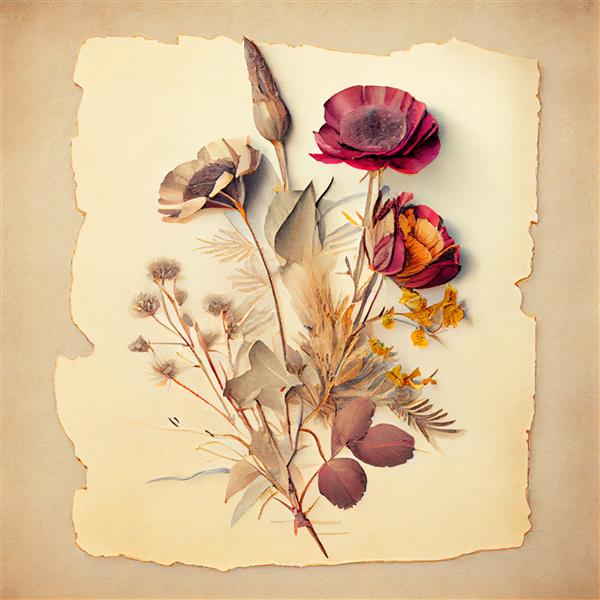 گل‌ها و گیاهان آبرنگی خشک شده روی کارت عتیقه‌ای مولد او