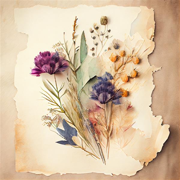 گل‌ها و گیاهان آبرنگی خشک شده روی کارت عتیقه‌ای مولد او