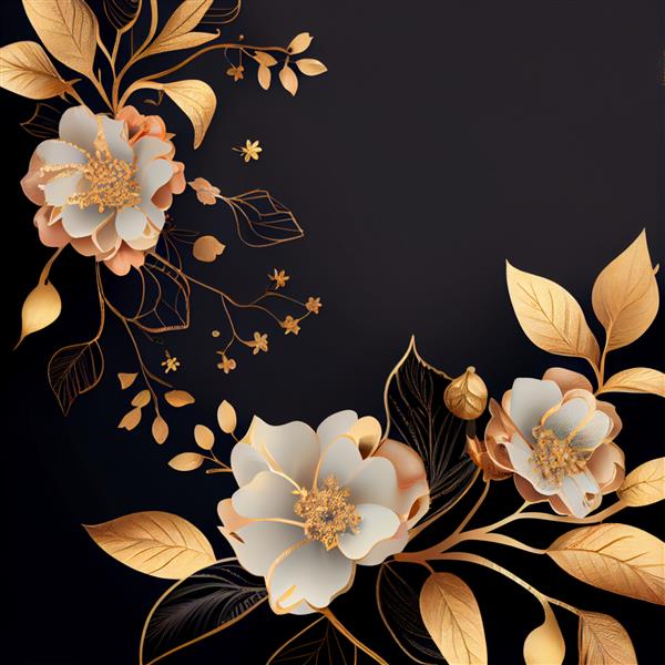 گل های طلایی در پس زمینه مشکی کاغذ دیواری زیبا گلدار مولد ai