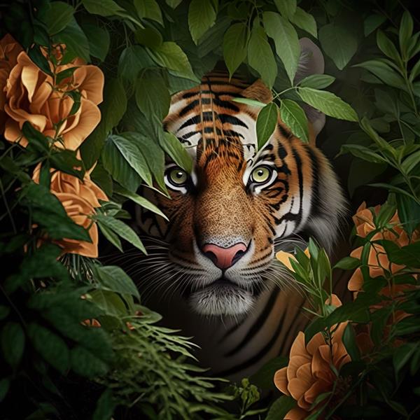 تصویر زمینه حیوانات انتزاعی هنر دیجیتالی ببر در برگ های گرمسیری