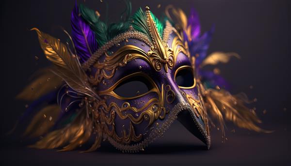 ماسک بنفش با عناصر طلا و پرهای رنگی زیبا با طراحی برای کارناوال برزیل کارناوال شاد کارناوال برزیل آمریکای جنوبی