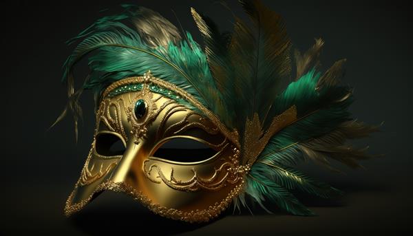 ماسک کارناوال طلایی با پرهای روی زمینه سبز زیبا با طراحی برای کارناوال برزیل کارناوال شاد کارناوال برزیل آمریکای جنوبی