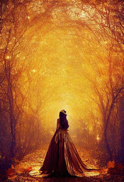درختان زیبای پاییزی در شب زن جنگلی در حال قدم زدن در جنگل پاییزی پارک پاییزی در غروب آفتاب