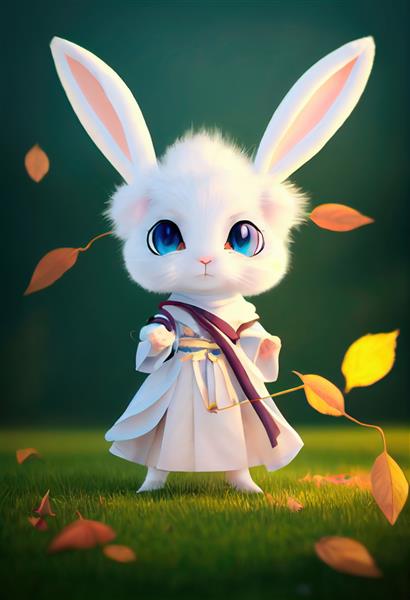 خرگوش ناز کارتونی سفید روی چمن سبز خرگوش بامزه در پس زمینه افسانه ای