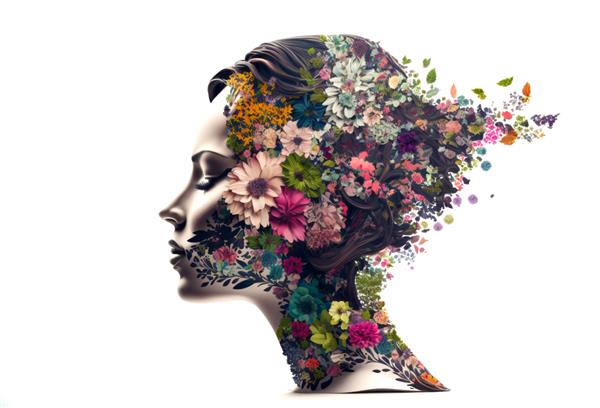 نمای جانبی یک زن زیبا با نوردهی دوگانه با گل‌های بهاری مولد
