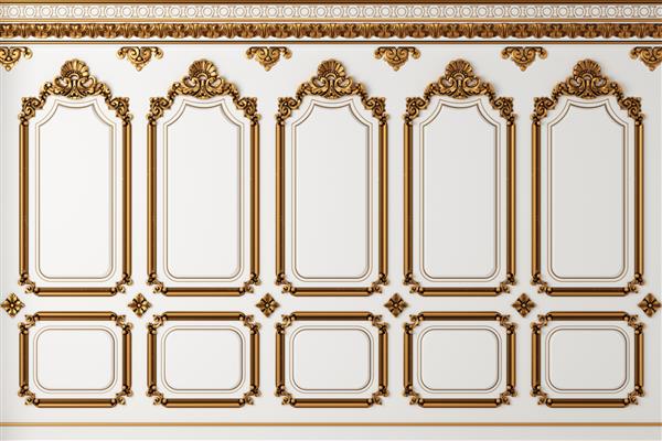 دیوار کلاسیک از پانل های چوبی سفید و طلایی