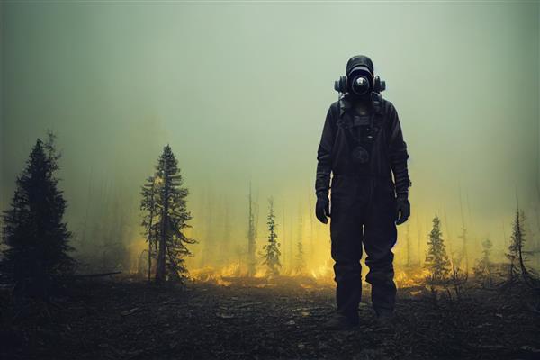 یک بازمانده استالکر با لباس محافظ و یک ماسک گاز بازمانده از جنگ هسته ای