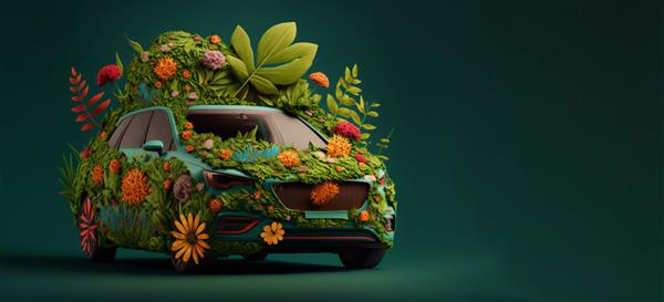 ماشین وسیله نقلیه دوستدار محیط زیست پوشیده از طبیعت برگ و گل انرژی سبز اوی مولد