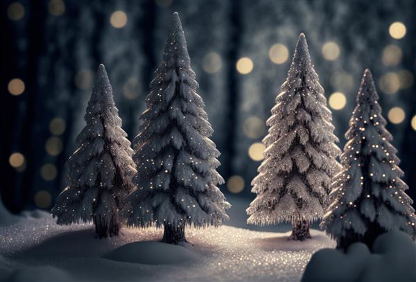 درختان پوشیده از برف و یخبندان زمستانی صحنه سرزمین عجایب مولد Ai