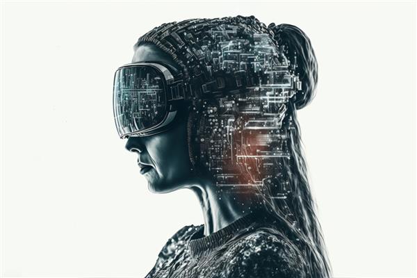 زنی که هدست واقعیت مجازی با عناصر فناوری آینده‌نگر مولد هوش مصنوعی پوشیده است