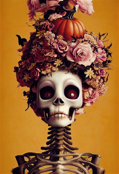 یک اسکلت باستانی وحشتناک با گل روی سرش مفهوم هالووین