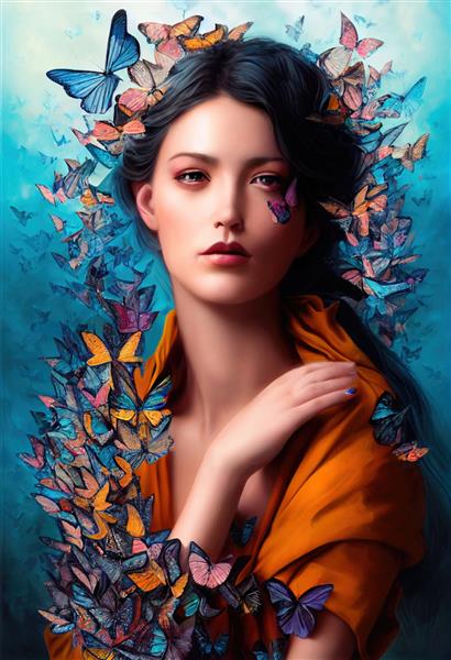 پرتره رنگارنگ انتزاعی از یک دختر زیبا با پروانه ها زن شیک پوش