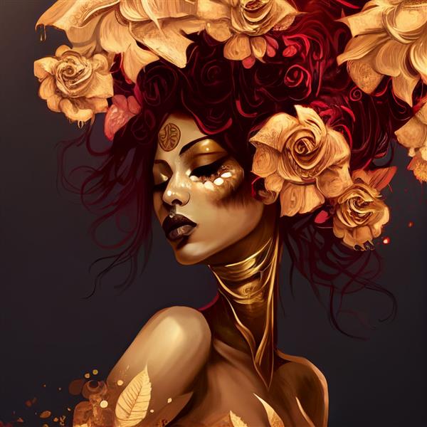 زن زیبا با پرتره گلهای قرمز طلایی هنر دیجیتال لوکس