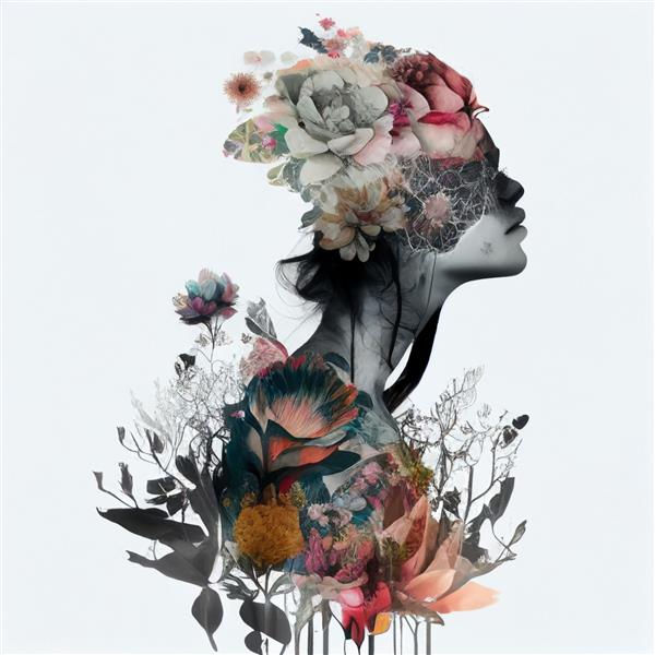 پرتره نمایه دوتایی از گل های زن جذاب تصویر هنری دیجیتال ai