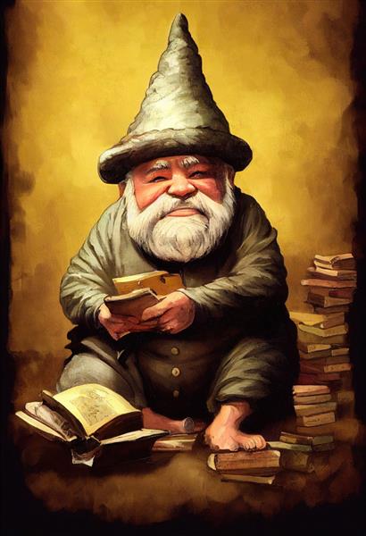 کوتوله کوچک بامزه با کلاه بزرگ کوتوله در حال خواندن کتاب در کتابخانه
