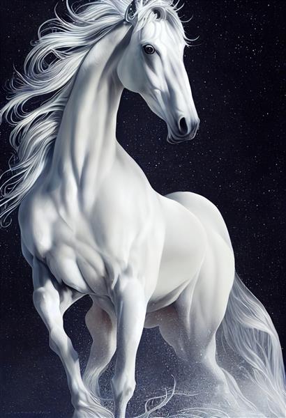 نقاشی اسب مسابقه سفید زیبا روی پس زمینه سیاه