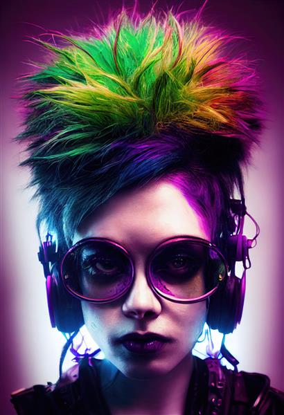 پرتره خیالی یک دختر زیبا پانک خیالی با هدفون و موهای رنگ شده