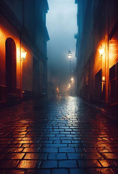یک خیابان قرون وسطایی با خانه های قدیمی در مه صبحگاهی مفهوم یک شهر قدیمی قرون وسطایی