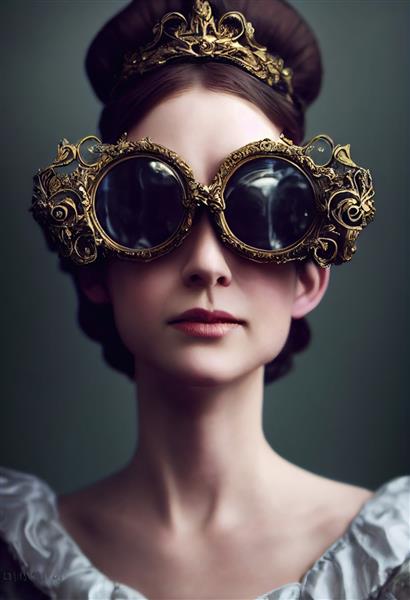 پرتره یک زن ویکتوریایی با عینک مجازی زنی از دوران قدیم در حال انجام بازی های vr