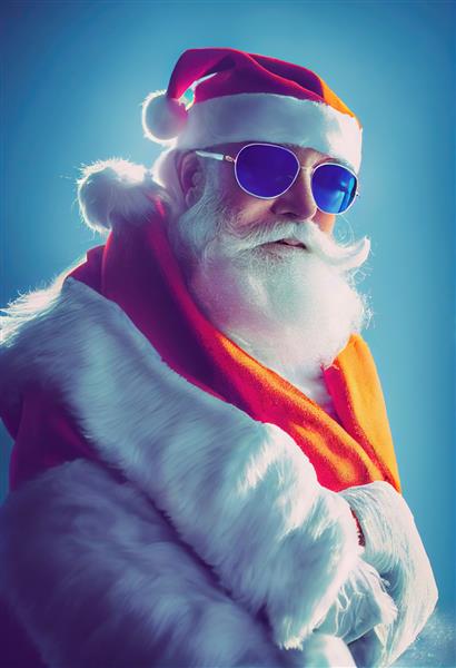 یک بابانوئل ریشو قدیمی در زمستان در برابر جنگل زمستانی با عینک آفتابی فانتزی