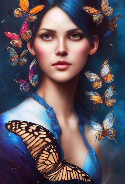 پرتره رنگارنگ انتزاعی از یک دختر زیبا با پروانه ها زن شیک پوش