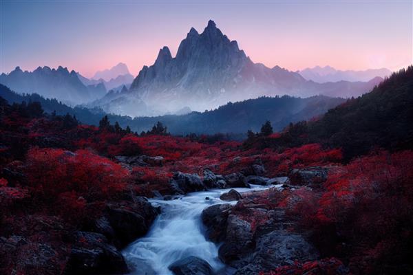 کوه های باستانی زیبا در عصر کوه ها و تپه ها در هنگام غروب و در مه