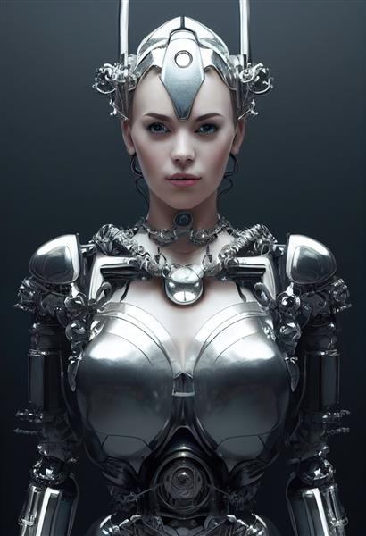 پرتره یک ربات زن آینده نگر یک مفهوم فانتزی استیم پانک هنری انتزاعی از یک ربات