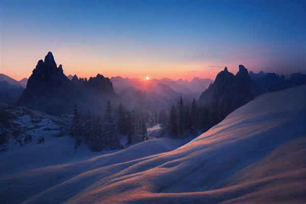 کوه های باستانی زیبا در سپیده دم در نور خورشید صبح و در مه