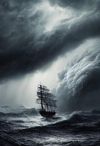 طوفان دریایی با ابرها و بادهای قوی منظره طوفان در دریا