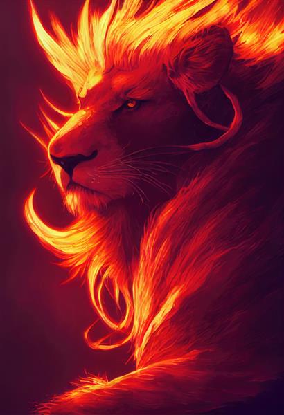 پرتره یک شیر زیبا با یال قرمز یک شیر آتشین نقاشی شده با یال ضخیم