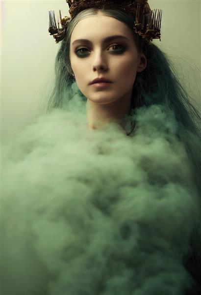 زن شیک پوش زیبایی خیالی فانتزی با موهای سبز و چشمان زیبایی