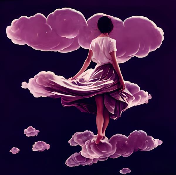 تصویر دختر ژاپنی با لباس بنفش در میان ابرها