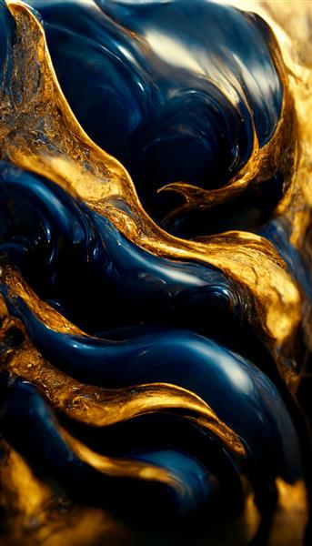 تصویری دیدنی از مایع آبی با بافت واقعی طلایی و تصویر سه بعدی هنر دیجیتال با کیفیت عالی