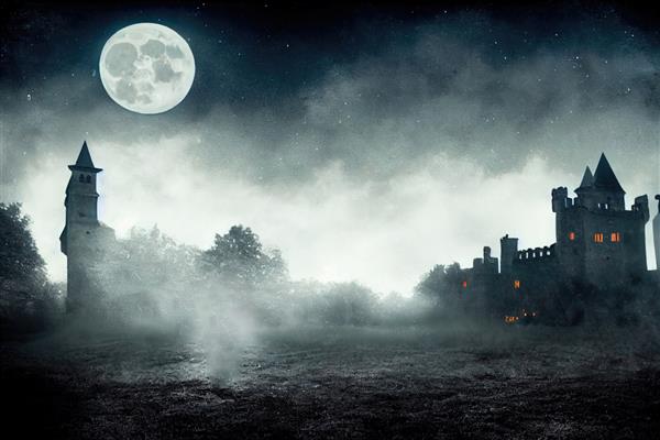 قلعه عرفانی و شبح وار در تاریکی و در مه یک قلعه تاریخی باستانی