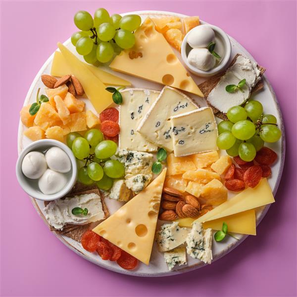 بشقاب پنیر با میوه در زمینه صورتی